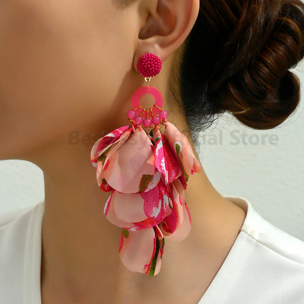 Charming Boho Long Hanging Dangle Earrings Acrylic Beads Elegant Petal Yarn Cute Sweet Fairy Fashion Statement Jewelry For Women
