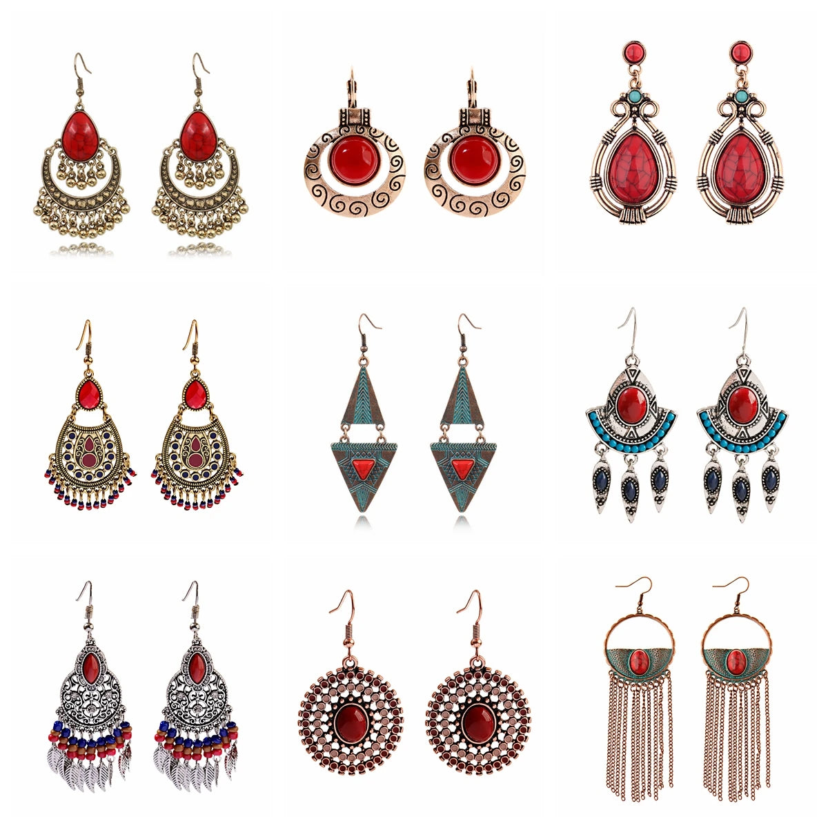 Ethnic Women's Alloy Inlaid Red Stone Earrings Tassel Wedding Danglers Boho Vintage Geometric Earrings Indian Gypsy Jewelry