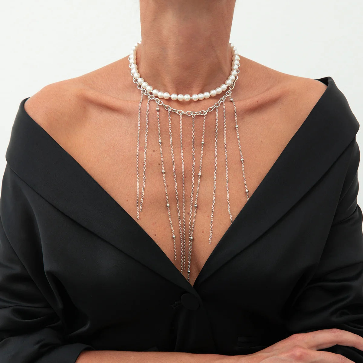 Round Bead Pearl Tassel Multilayer Necklace Jewelry