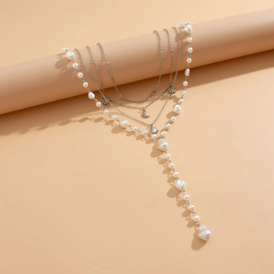 Moon Water Drop Star Pearl Layered Necklace Jewelry