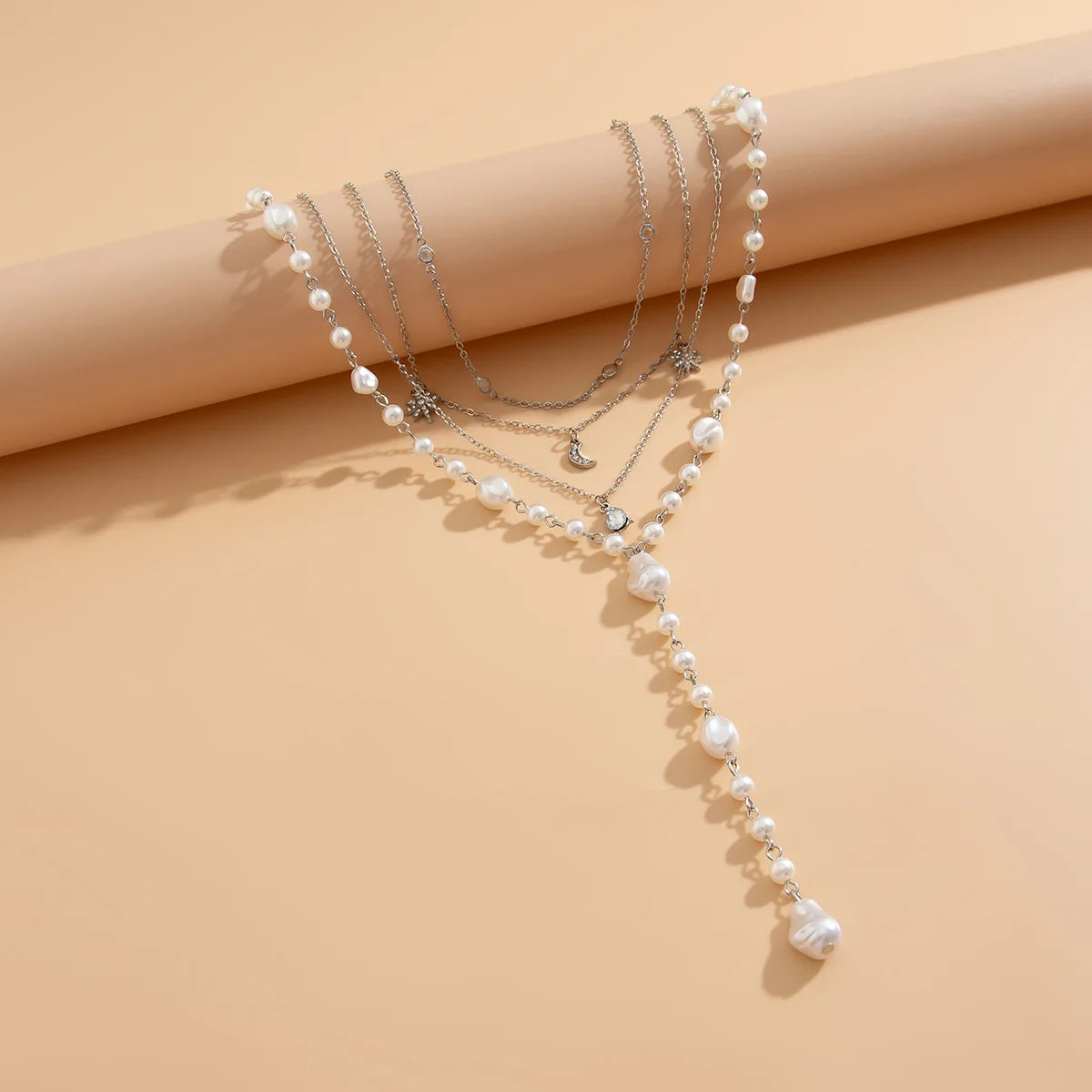 Moon Water Drop Star Pearl Layered Necklace Jewelry