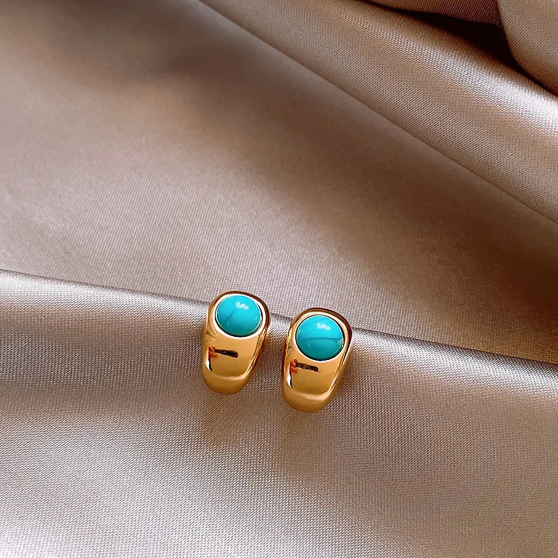 2025 New Design Natural Turquoise Metal Copper alloy Curved Earrings For Women's Casual and Elegant Jewelry Fashion Accessories