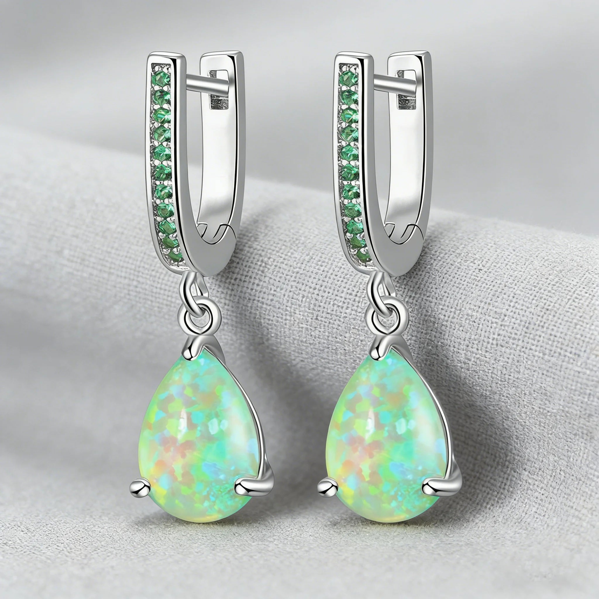 Green Fire Opal Dangle Earrings for Women,Teardrop U-Shape Hypoallergenic Earrings with Gemstones,Elegant Boho Statement Jewelry
