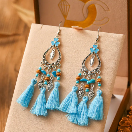 Heart Flower Enamel Bead Tassel Earrings Jewelry