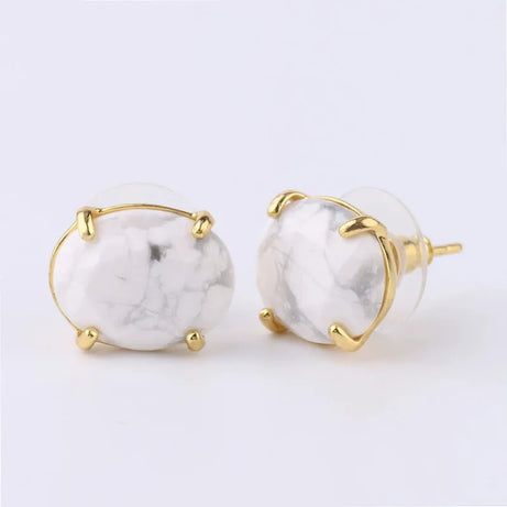 Oval Shape Stud Earrings golden Color Natural Stone Faceted Pink Quartz Crystal Agate lapis lazuli Healing Jewelry Female - Charlie Dolly