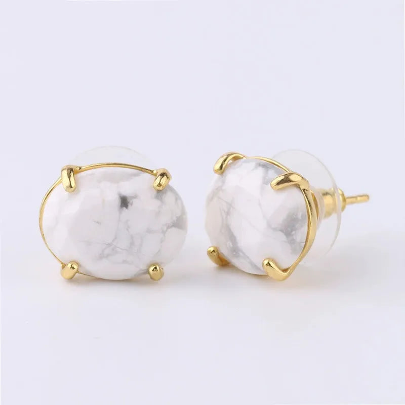 Oval Shape Stud Earrings golden Color Natural Stone Faceted Pink Quartz Crystal Agate lapis lazuli Healing Jewelry Female