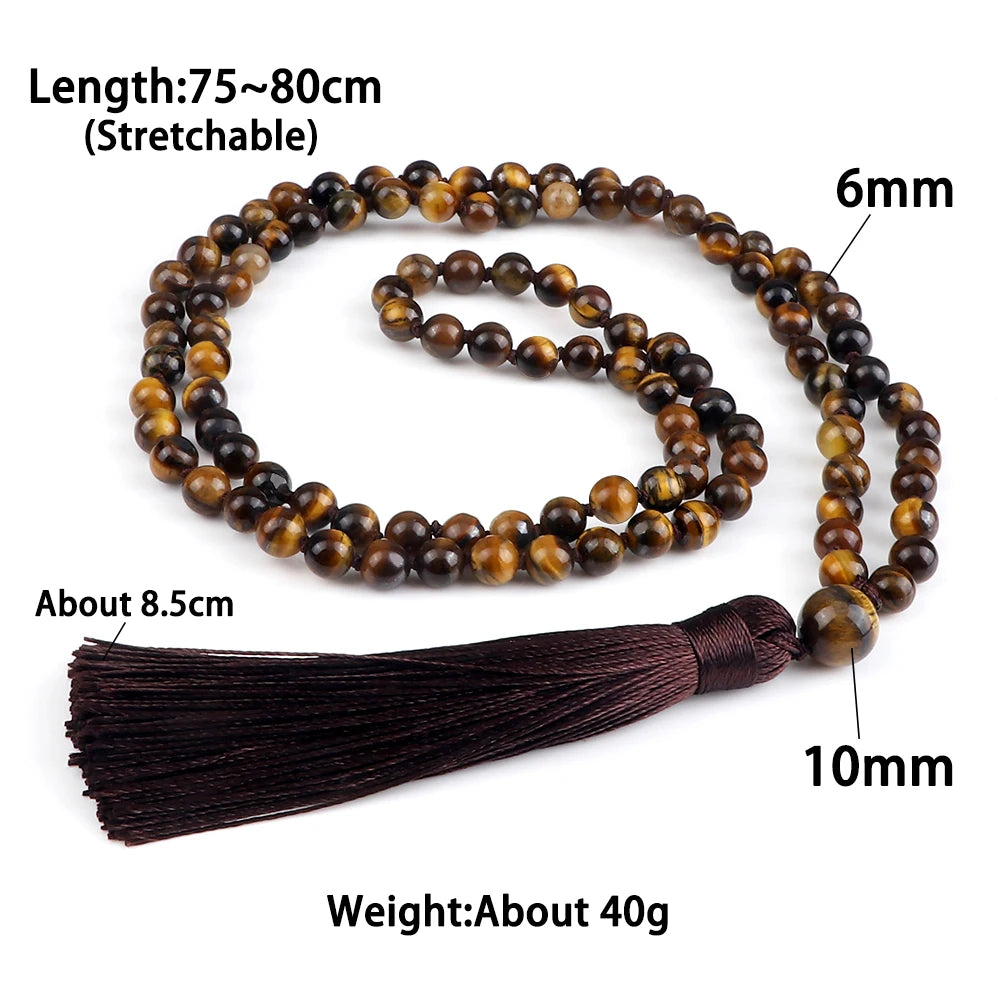 Men Natural Malachite Stones Necklaces Boho 108 Tiger Eye Beads Handmade Necklace with Tassel Yoga Medit Jewelry Gifts For Women
