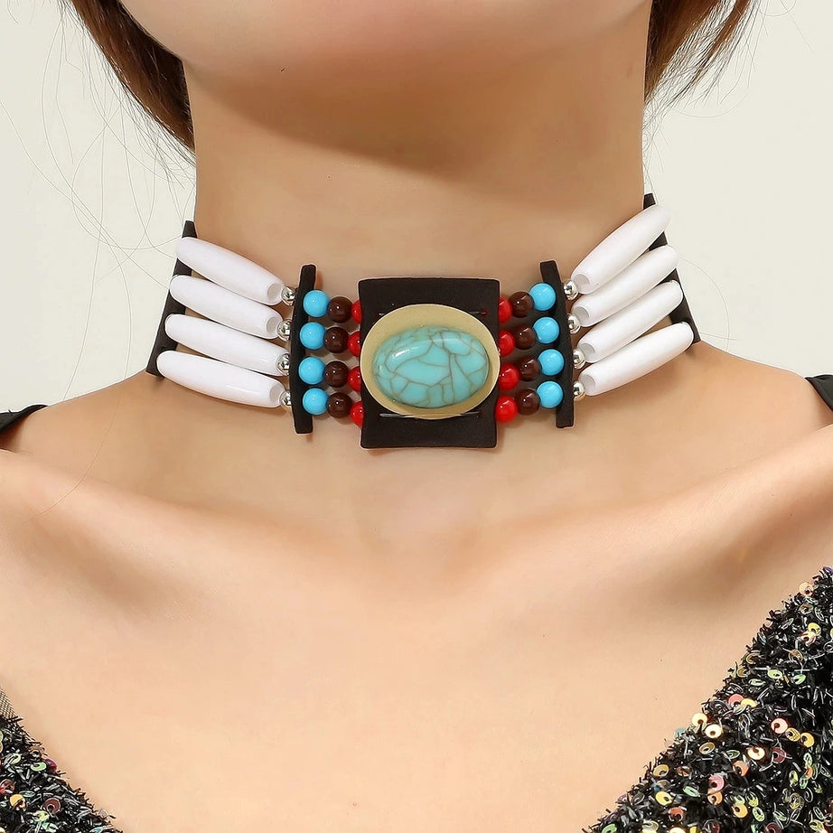 Turquoise Bead Cotton Tassel Choker Necklace Jewelry