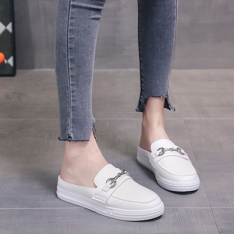 Mules Slippers Women Summer Little White Half Slippers Women 's New Net Versatile Student Flat Bottom Breathable Cool Slippers - Charlie Dolly