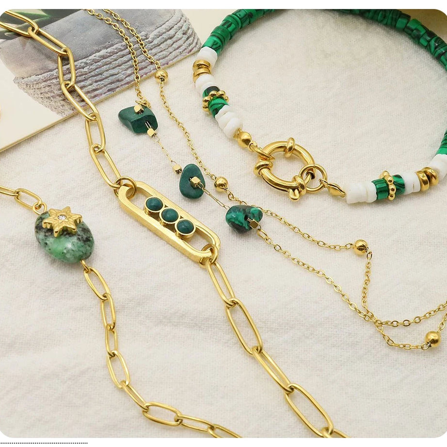 WILD & FREE Boho Vintage Green Natural Stone Bracelets for Women Stainless Steel Trendy Charms Aesthetic Jewelry Set - Charlie Dolly