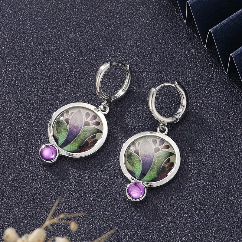 Ethnic Round Lapis lazuli Earrings Antique Jewelry Metal Silver Color Carving Water Drop Blue Gem Pendant Women's Earrings