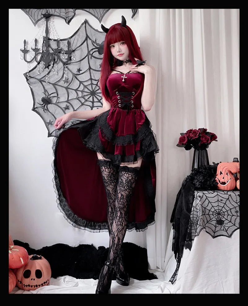 Cospaly Dark Gothic Halloween sexy lace dovetail halter dress Dovetail Witch Demon Vampire Ghost bridal dress - Charlie Dolly