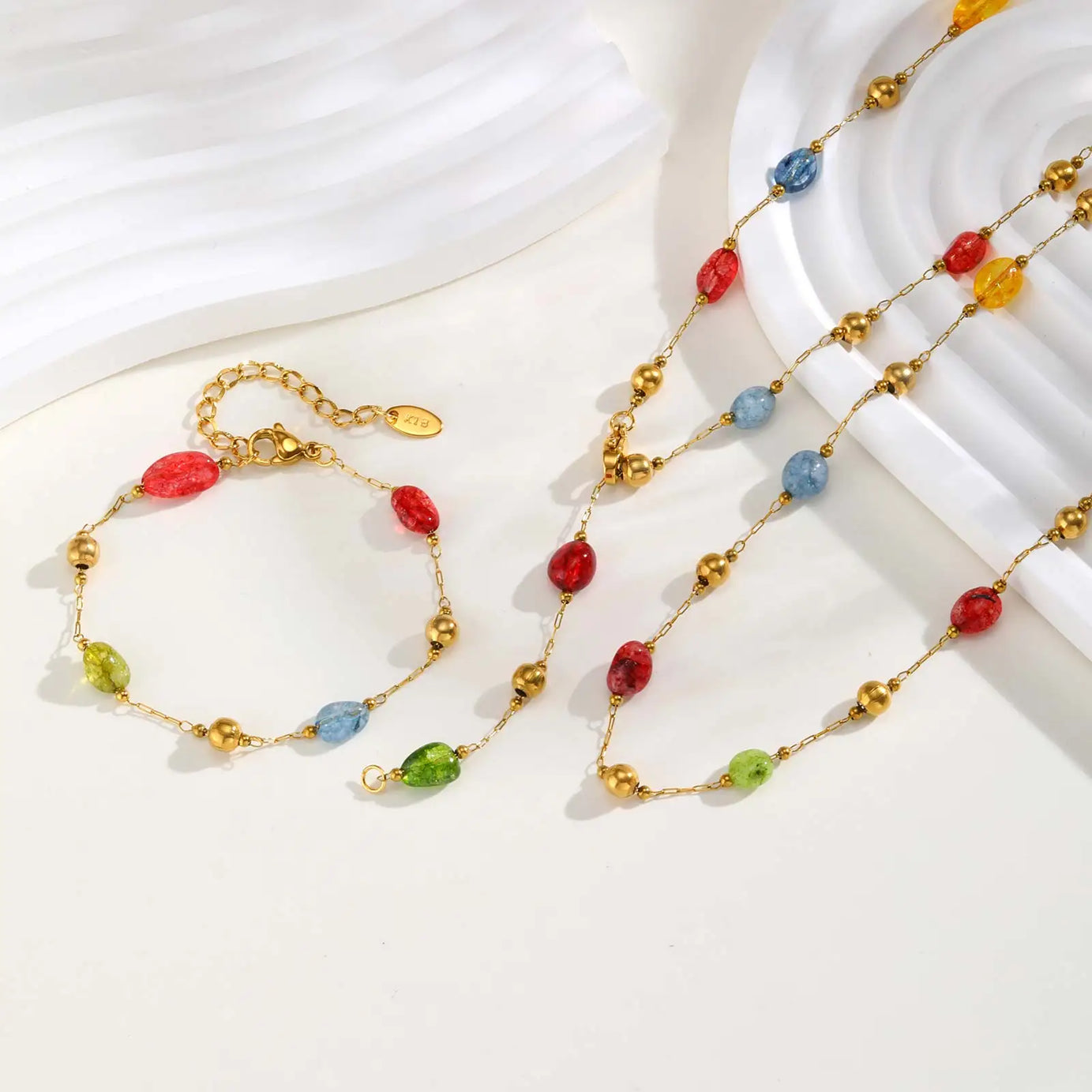 Rainbow Gemstone Y-Chain Boho Necklace & Bracelet