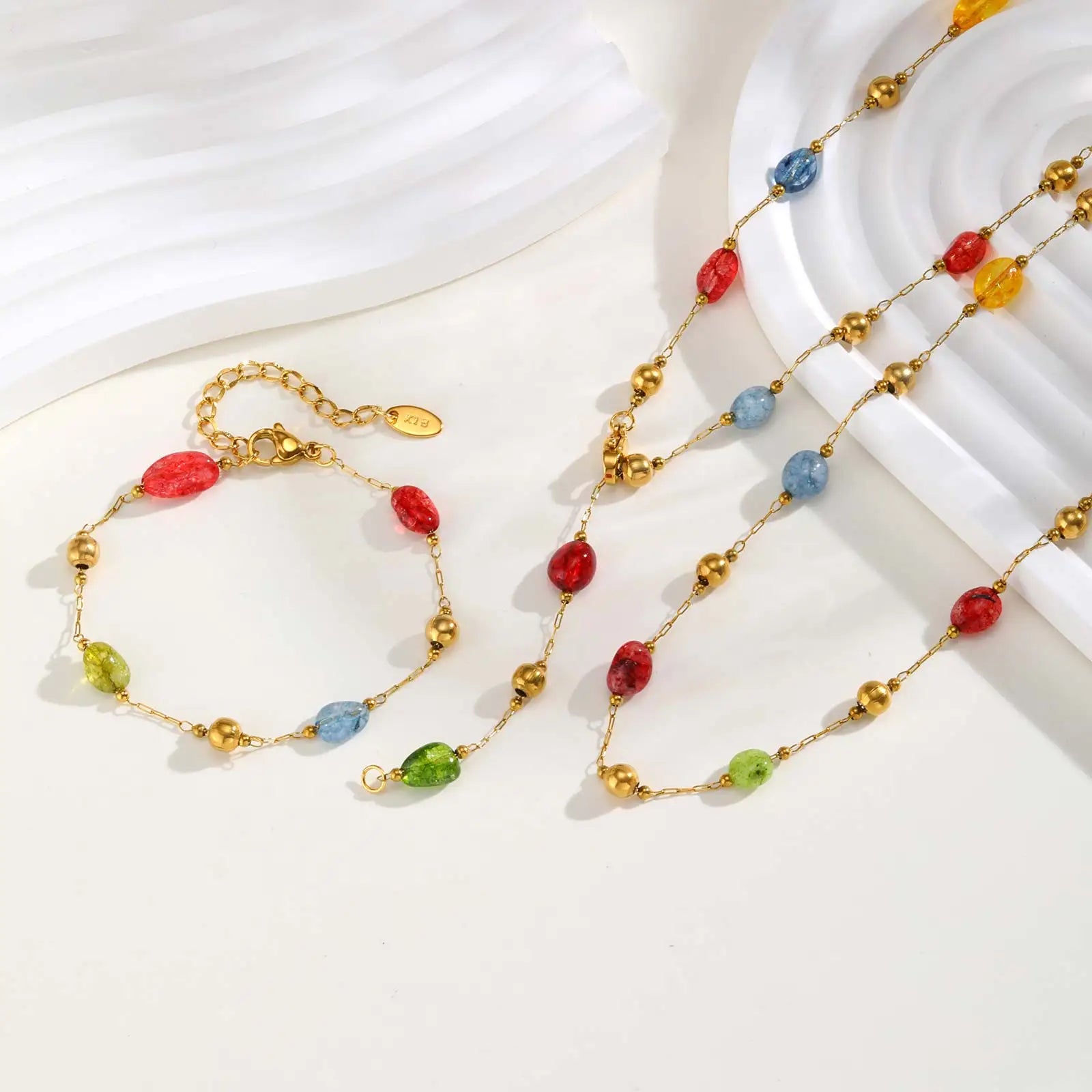 Colorful Rainbow Natural Stone Boho Necklace for Women, Stainless Steel Beaded Chain Y-Shaped Necklace, New Fashion Jewelry