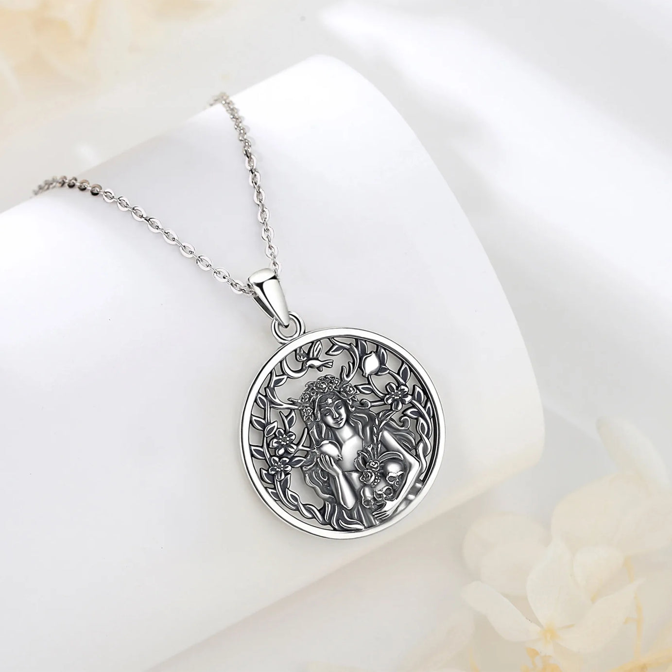 Persephone Pomegranate Skull Necklace, S925 Sterling Silver