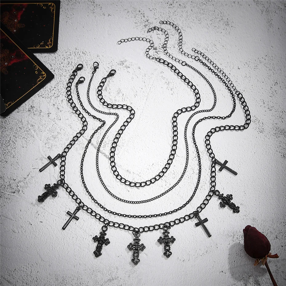 4Pcs Goth Black Cross Jesus Tassel Pendant Choker Necklace for Women Punk Metal Clavicle Chain Halloween Jewelry Y2K Accessories - Charlie Dolly