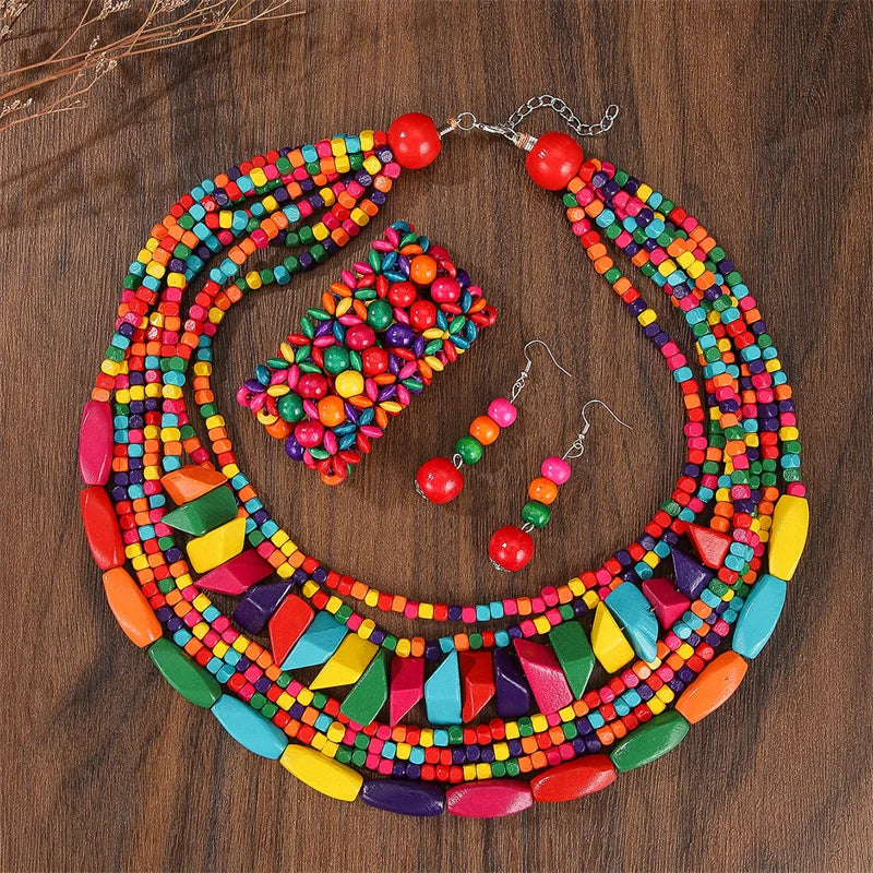 Boho Multilayer Big Colorful Wood Jewelry Set Geometry Necklace Earrings Sets Nigerian Wedding Indian Africal Beads Jewelry Gift