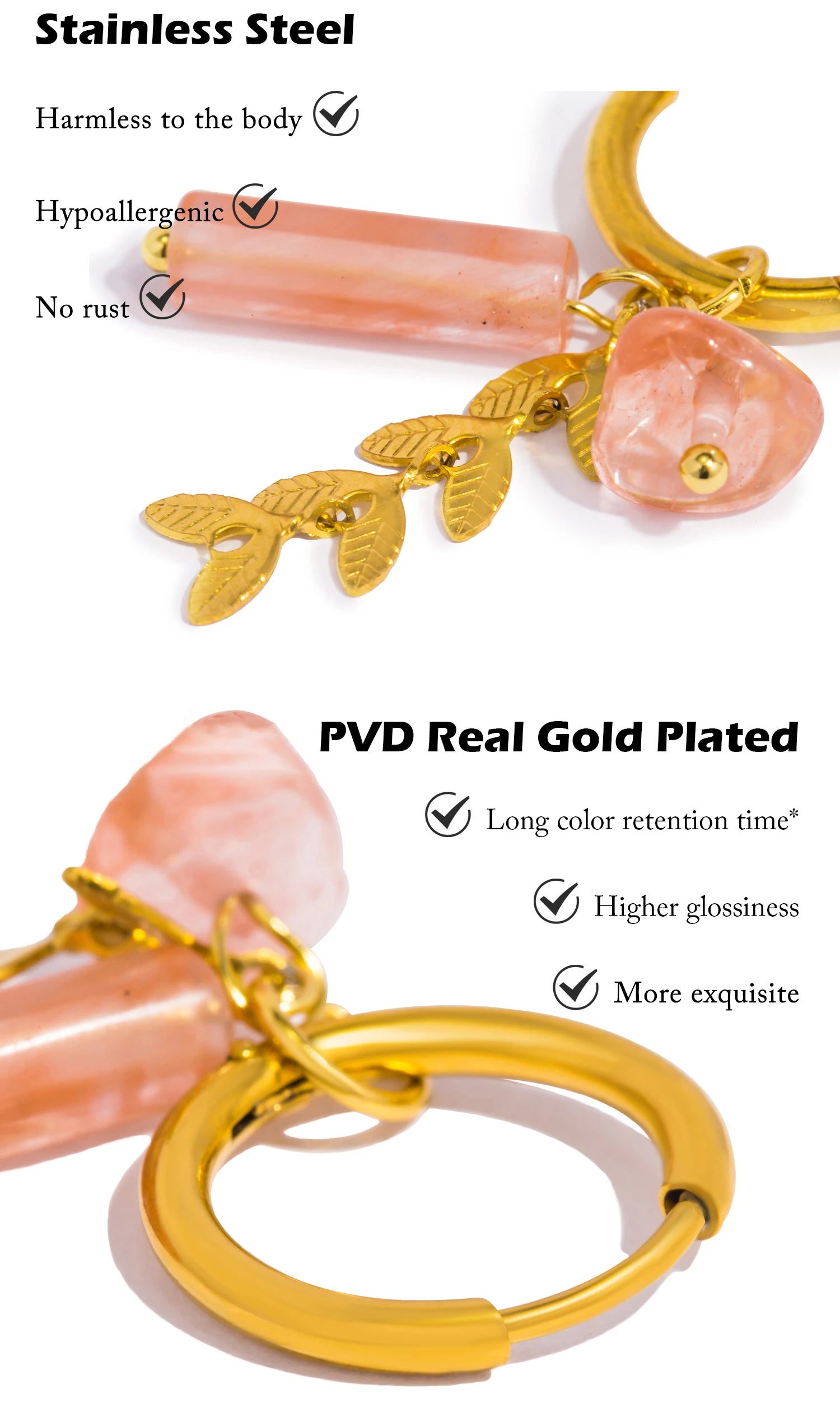 UHBINYCA Stainless Steel 18K Gold PVD Plated Hoop Earrings for Women Trendy Pink Natural Stone Charms Drop Earring Jewelry Gift