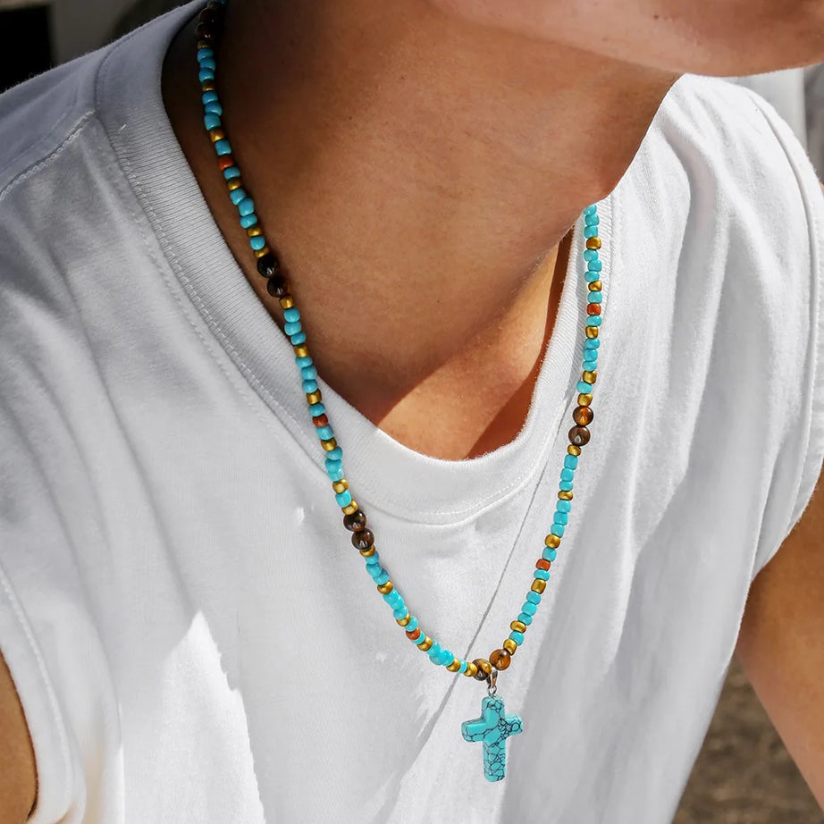 Turquoise Tiger Eye Cross Pendant Necklace Jewelry