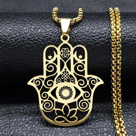Flower of Life & Hamsa Hand Pendant, Om Lotus Eye Sacred Talisman Necklace