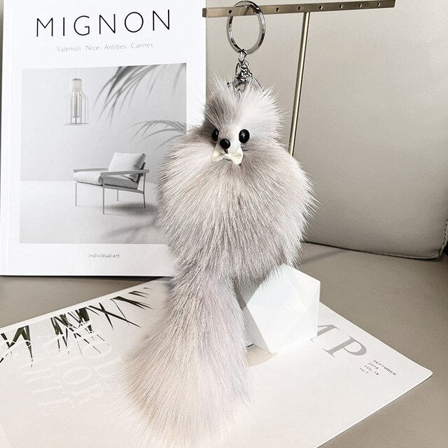 Cute Fluffy Bow-knot Fox Ball Key Chain Rings Pompom Real Fox Fur Charm Keychain Car Bag Key Ring Women Jewelry - Charlie Dolly