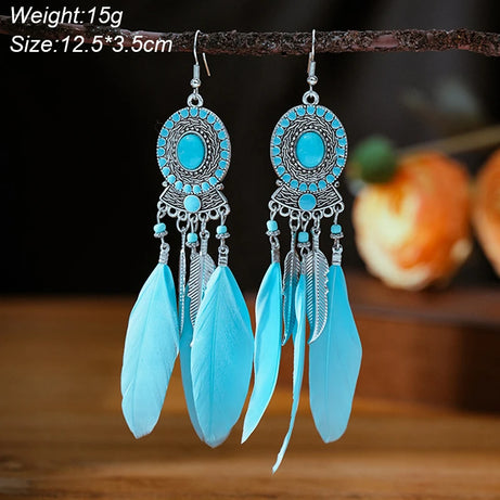 Blue Enamel Feather Crystal Long Earrings Jewelry