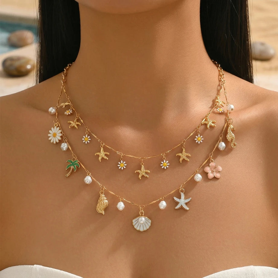 Daisy Starfish Pearl Double Layer Necklace Jewelry