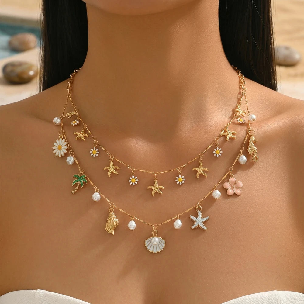 Daisy Starfish Pearl Double Layer Necklace Jewelry