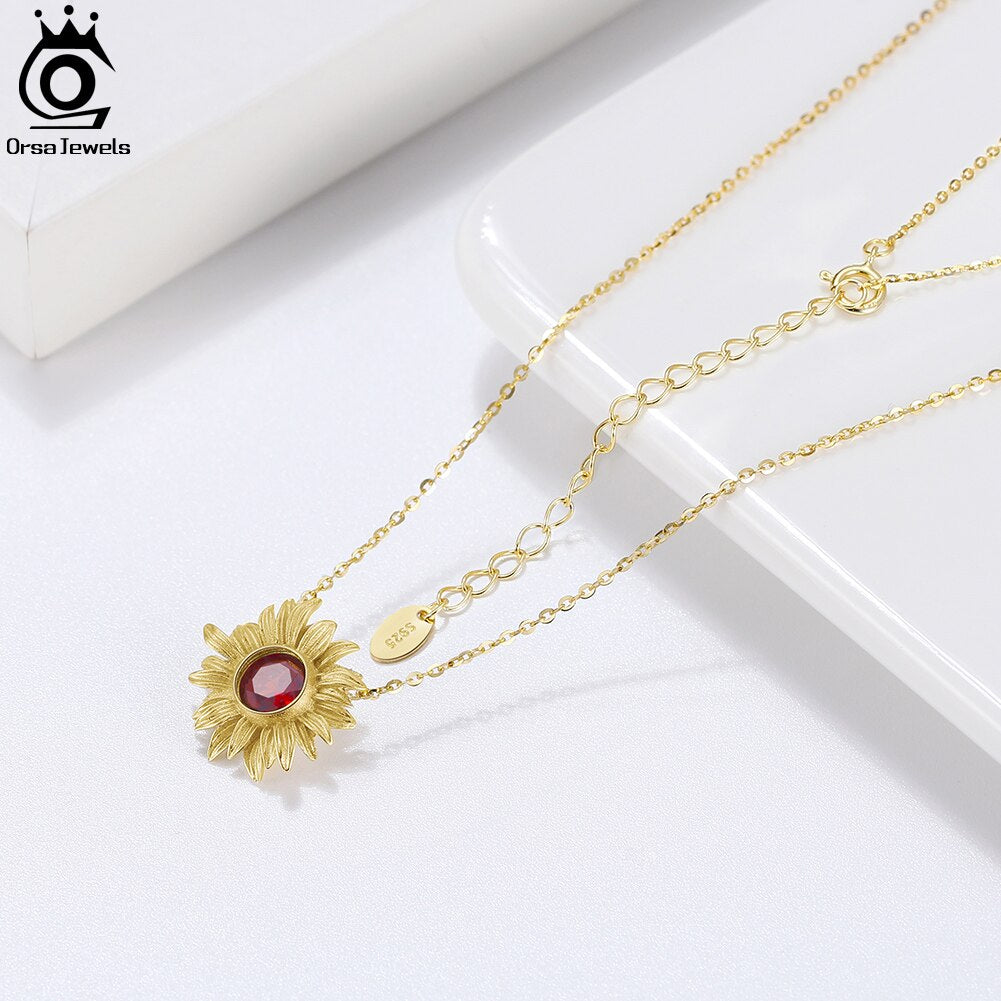 ORSA JEWELS Genuine Natural Garnet 925 Silver Sunflower Design Pendant Necklace for Women Fashion Gemstone Jewelry Gift GMN22