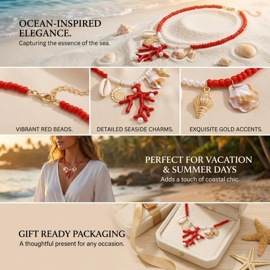 Coral, Rice Bead and Shell Boho Necklace, Earring or Ring