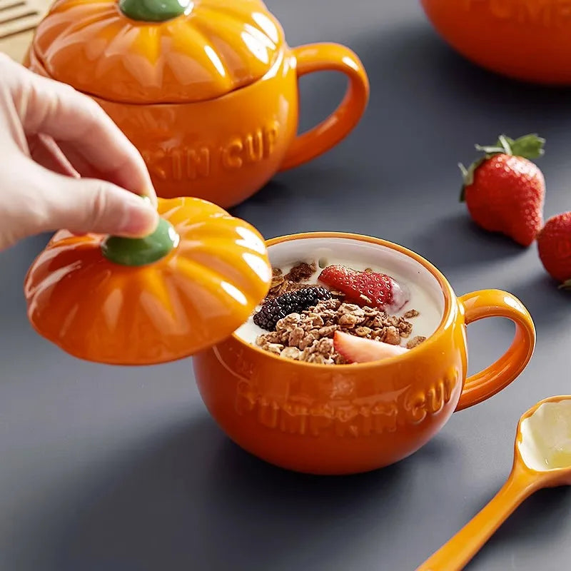 300/450ML Halloween Pumpkin Shaped Ceramic Cup With Spoon Kawaii Soup Mug With Lid  Oatmeal Cup Creative Water Cup - Charlie Dolly