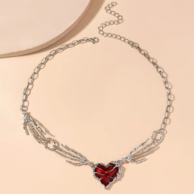 Gothic Vintage Red Heart Ghost Claw Pendant Chain Necklace for Women Men Halloween Punk Y2K Grunge Hip Hop Jewelry Accessories - Charlie Dolly