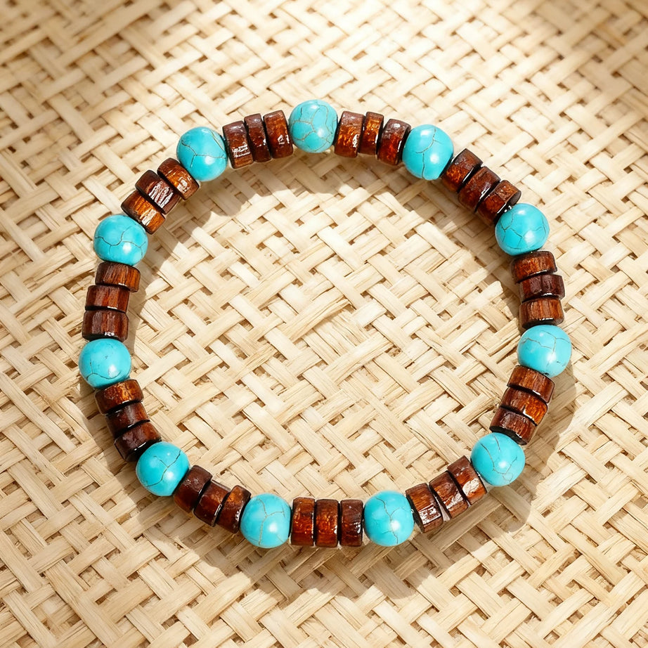 Natural Stone & Wood Bead Boho Protection Bracelet, Handmade Grounding Talisman