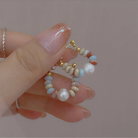 Natural Stone & Pearl Beaded Drop Earrings, Vacation Boho Summer Jewelry