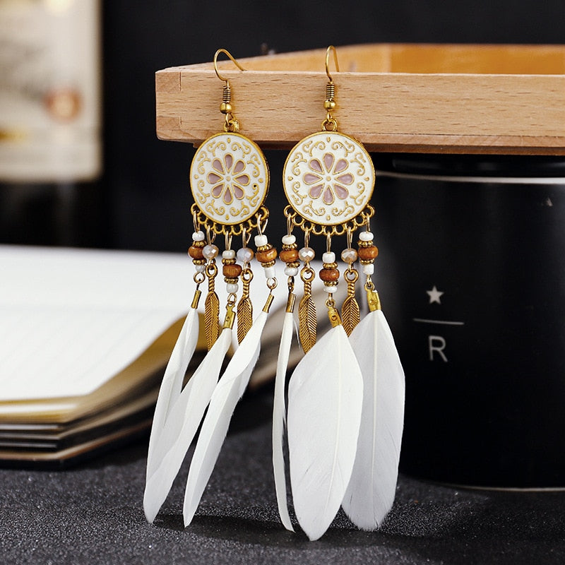 Boho Long Feather Dangle Women&#39;s Earrings Beach Long Tassel Beads Handmade Flower Enamel Earrings Bride Wedding Pendientes Mujer - Charlie Dolly