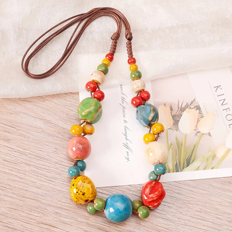 Hand Woven Ceramic Bead Adjustable Necklace Jewelry