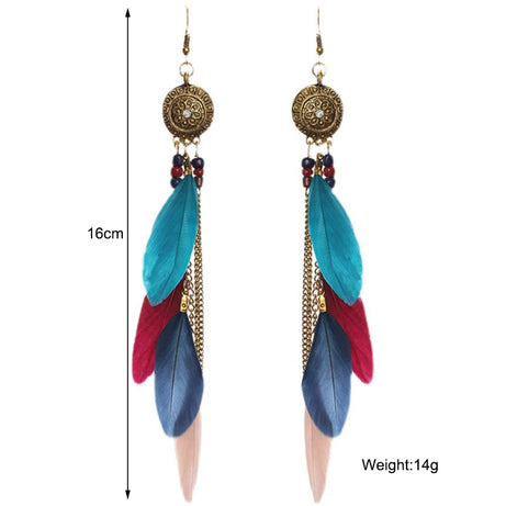 Feather Crystal Flower Bead Long Earrings Jewelry