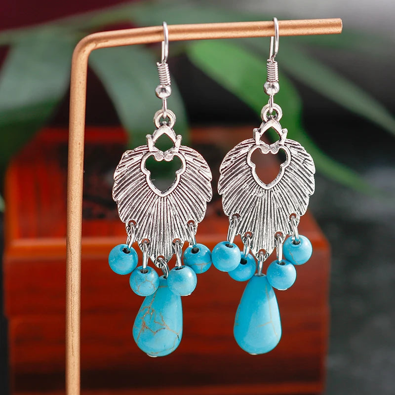 Boho Vintage Turquoise Water Drop Stud Earrings for Women Star Heart Flower Tribe Earring Statement Valentine Day Gift Jewelry