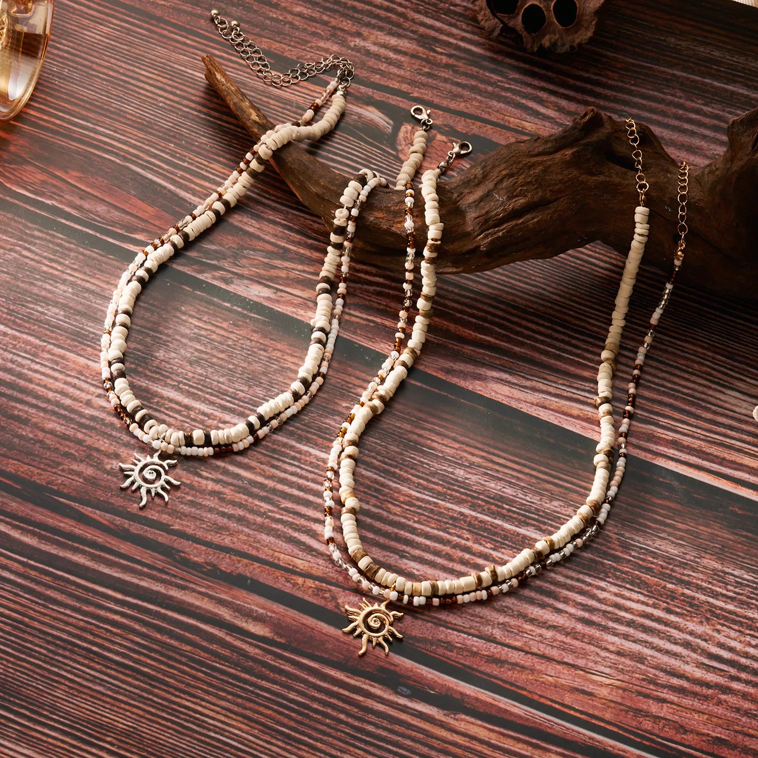 2pcs Boho Coconut Shell Wood Beads Necklaces Set for Women Men Vintage Sun Pendant Necklaces Summer Beach Party Jewelry Gifts