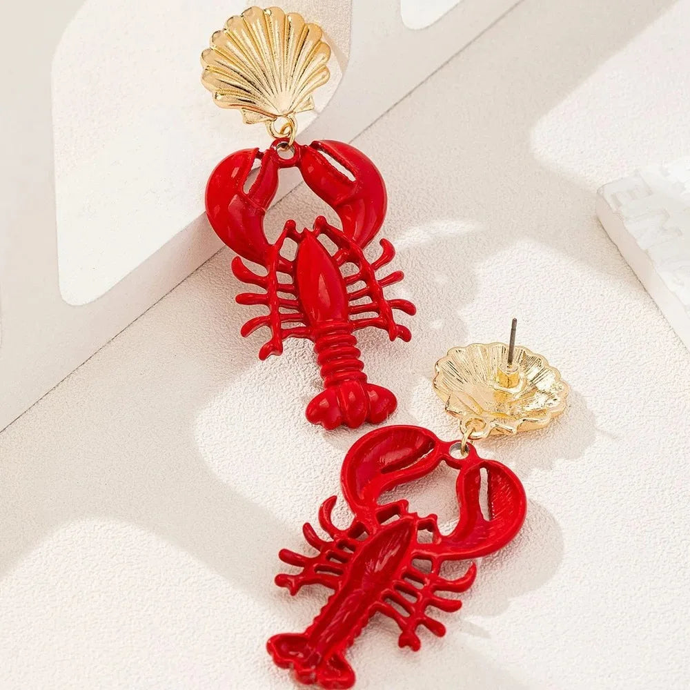 Boho Handmade Lobster Earrings Stone Beaded Enamel Necklace Lobster Metal Shells Earring for Women Summer Beach Popular Jewelry
