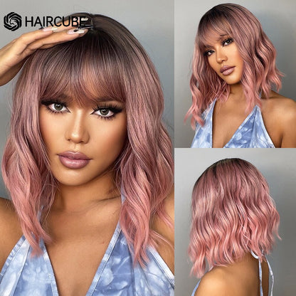 Medium Length Water Wave Synthetic Wigs Cute Pink Wigs With Bangs for Women Cosplay Natural Heat Resistant Bob Lolita Hair