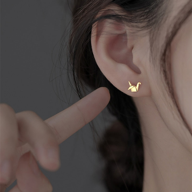 925 Sterling Silver Paper Crane Stud Earrings for Women Cute Mini Piercing Earring Romantic 14k Gold Jewelry Gift