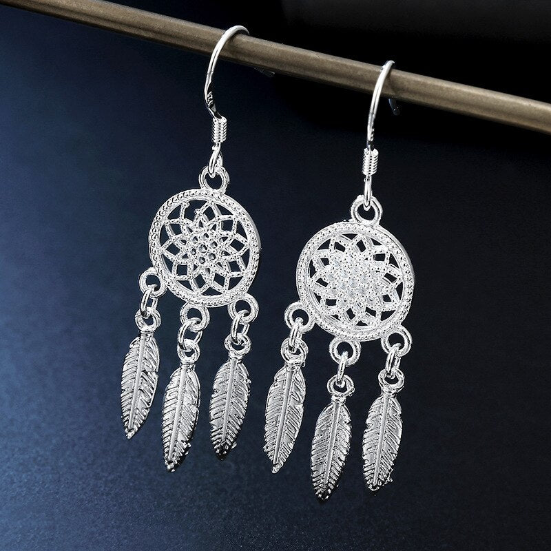 925 Sterling Silver Dreamcatcher Tassel Feather Round Bead Drop Earrings For Women Elegant Fashion Jewelry - Charlie Dolly