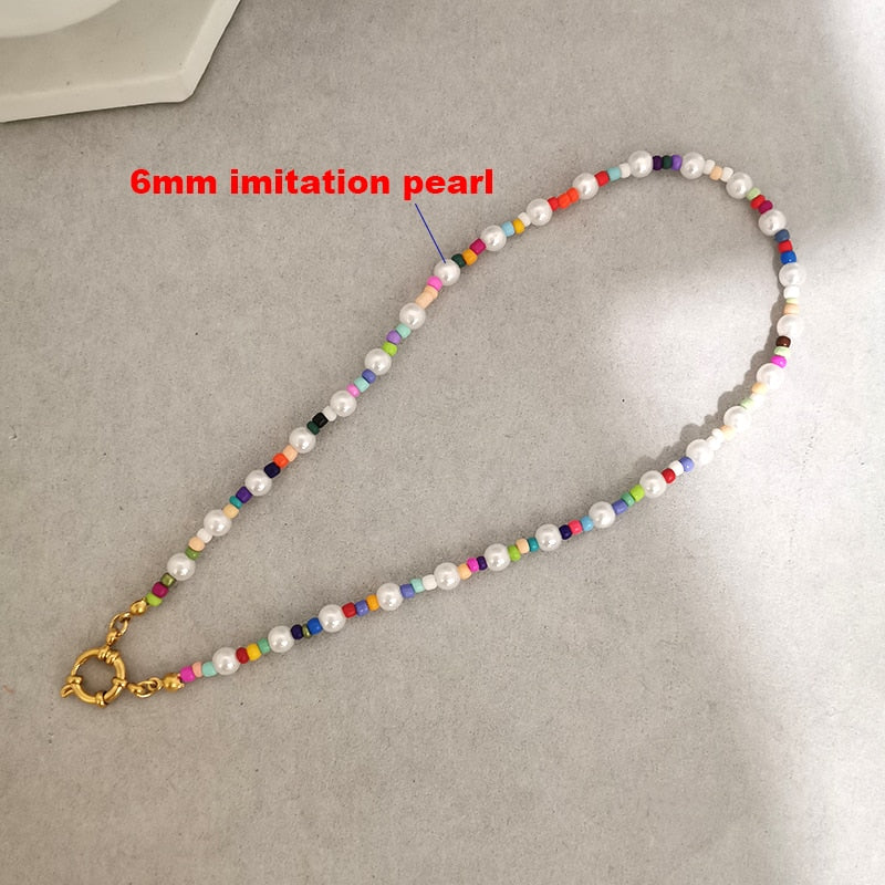 QMHJE Imitation Pearl Necklace Women Choker Seed Beads Rainbow Stainless Steel Clasp Sailor Buckle Base Chain Gold Color Boho - Charlie Dolly