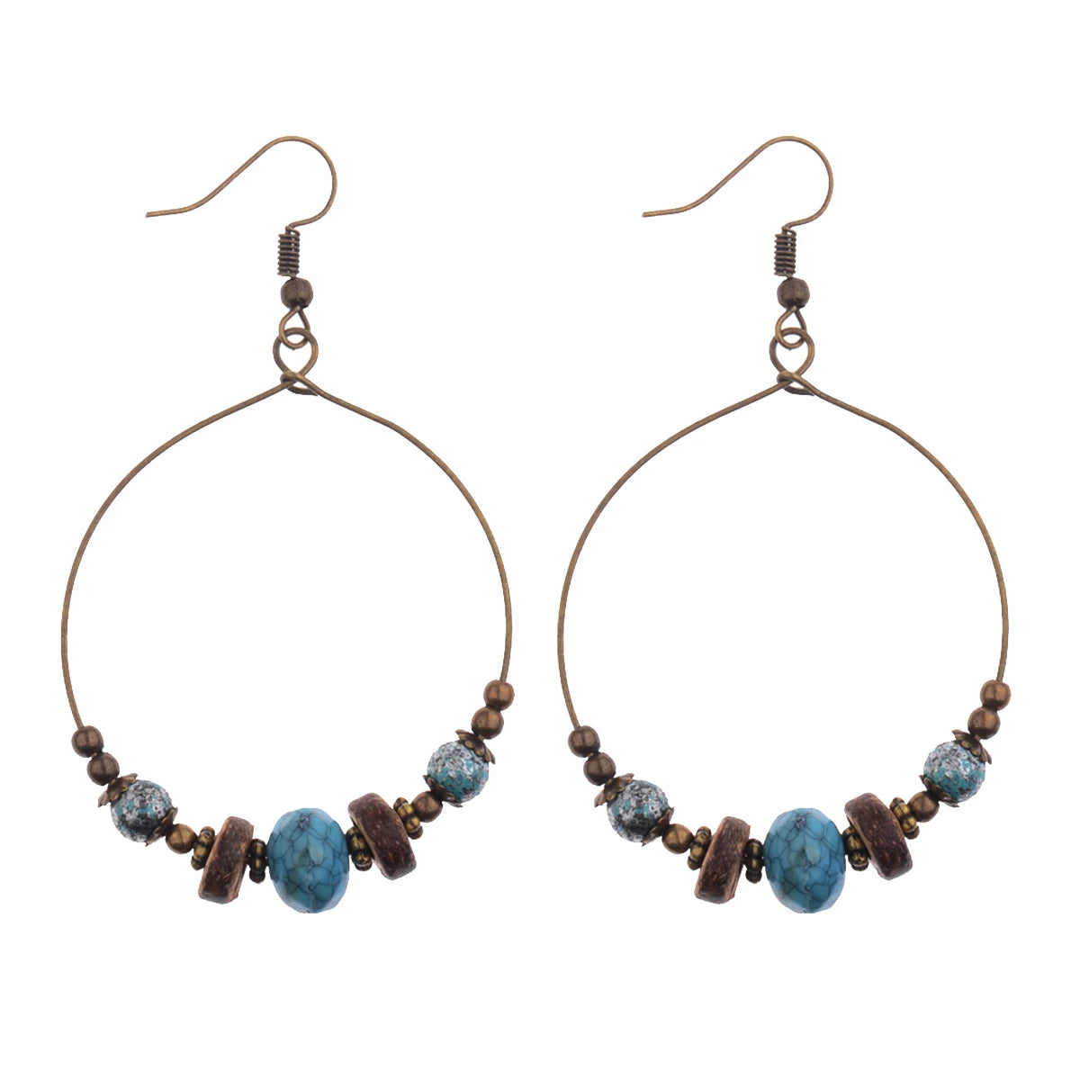 DOUVEI 2021 Ethnic Bohemia Women's Gypsy Big Bronze Wood Beads Round Drop Boho Earrings Vintage Style For Female HQE741