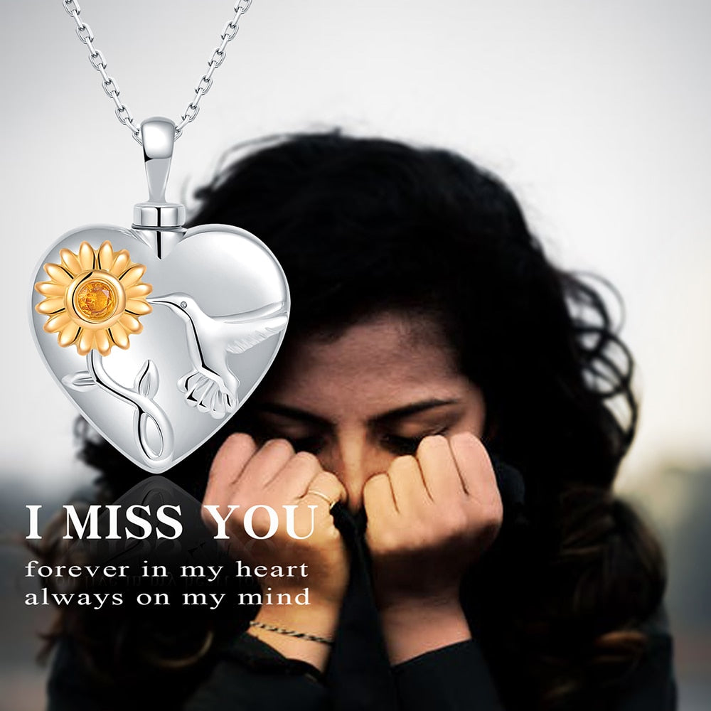 925 Sterling Silver Cremation Sunflower Hummingbird Urn Necklaces,Heart Memory Pendant Jewelry Gift For Ashes Women Men Friend - Charlie Dolly