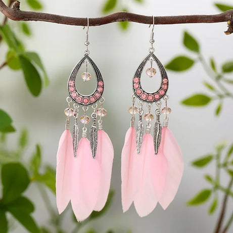 Feather Crystal Tassel Boho Dangle Earrings Jewelry