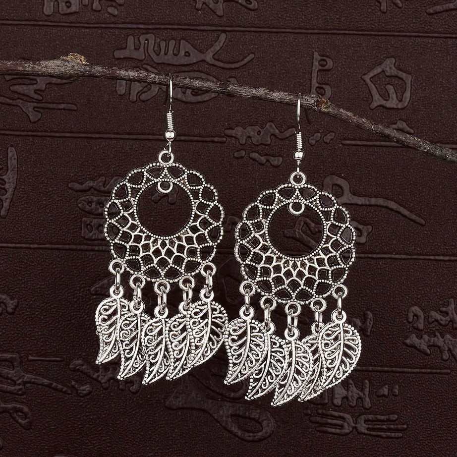 Silver Hollow Round Leaf Tassel Jhumki Earrings Jewelry
