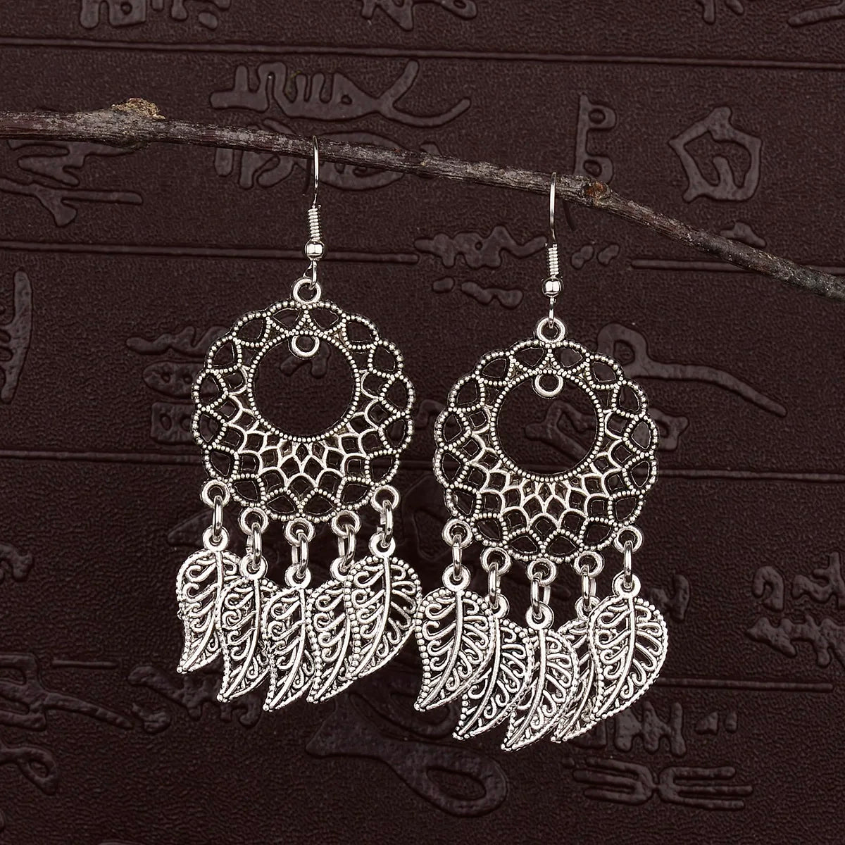 2023 Ethnic Indian Women's Round Hollow Silver Color Drop Earrings Leaf Tassel Boho Tribal Jewelry India Jhumki