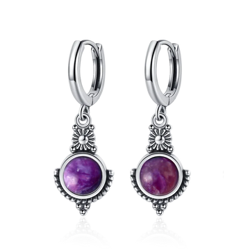 Natural Stone Sun Flower Hoop Earrings for Women, Vintage Antique Silver Turquoise Amethyst Labradorite Dangle Earring Wholesale
